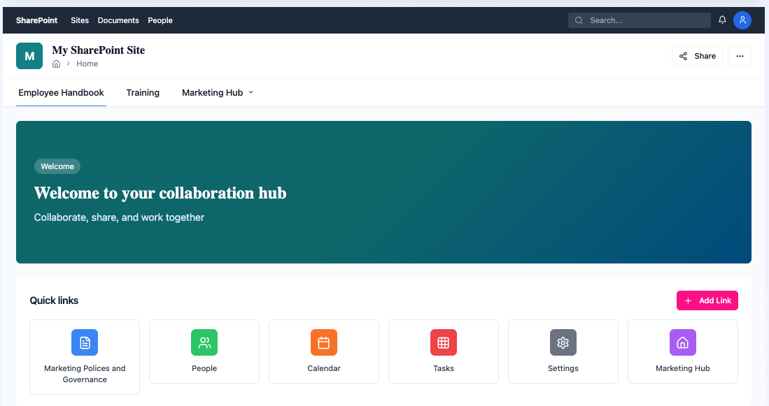 SharePoint Collaboration Hub - Realistic Homepage Layout