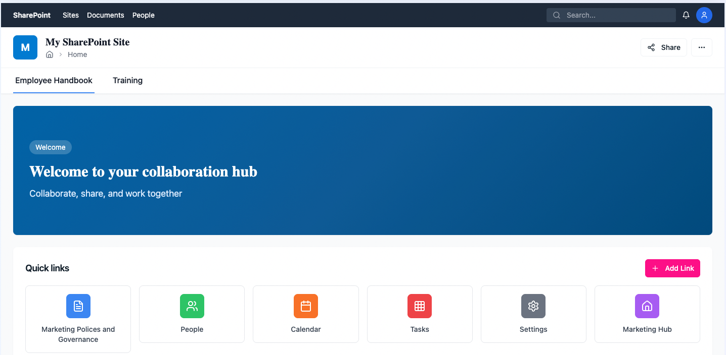 SharePoint Collaboration Hub - Realistic Homepage Layout